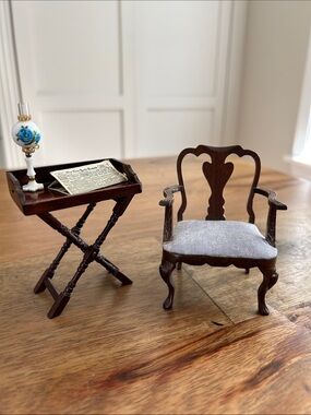 Vtg Ornate Queen Anne Chair w/ Side Table, Lot of 4, Dollhouse Furniture